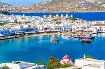 A view of Mykonos port with boats, Greece A view of Mykonos port with boats, Greece